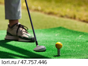 A guy stands on a vibrant green putting surface, preparing to strike a yellow golf ball with a putter. The warm Dubai sun highlights the lush surroundings, creating a perfect atmosphere for practice. Стоковое фото, фотограф Aleksandr Golubev / Фотобанк Лори