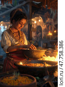 A young woman skillfully prepares traditional dishes in a lively market filled with warm lights and aromatic spices in the evening. Стоковое AI-изображение, AI-художник Данила Большаков / Фотобанк Лори
