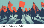 Crowds of demonstrators with red flags gather in unison, creating a striking visual display during a public rally on a sunny day. Стоковое AI-изображение, AI-художник Данила Большаков / Фотобанк Лори