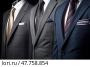 Three different classic suits with ties and shawls in pockets. Стоковое AI-изображение, AI-художник Данила Большаков / Фотобанк Лори