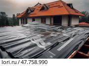 View of house under construction with red roof on waterproofing layer, created with Generative AI. Стоковое AI-изображение, AI-художник Данила Большаков / Фотобанк Лори