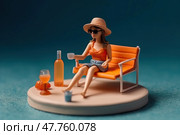 Miniature people figurine tanned woman in sunhat and sunglasses relaxing with cocktail on chair at swimming pool outdoors, created with Generative AI. Стоковое AI-изображение, AI-художник Данила Большаков / Фотобанк Лори