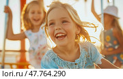 A group of young girls energetically playing on swings, slides, and monkey bars at a colorful playground. Стоковое AI-изображение, AI-художник Данила Большаков / Фотобанк Лори