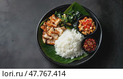 Вкусная азиатская кухня: курица-гриль, рис и свежие овощи на темном фоне. Стоковое AI-видео, аниматор ФотоИнтеллект / Фотобанк Лори