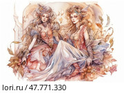 Watercolor fantasy illustration depicts two elegant girls in luxurious outfits decorated with flowers, ribbons and feathers. Their hairstyles are richly decorated, their faces are thoughtful and graceful. The background is made in warm pastel colors with smooth lines and elements of nature - leaves, flowers and branches. The composition radiates magic, romanticism and a fairy tale atmosphere. Ideal for themes of art, fashion, illustration, feminine beauty and magical worlds. Стоковое AI-изображение, AI-художник Анна Кривицкая / Фотобанк Лори