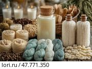 Still life in eco and hygge style: close-up of natural materials, including balls of yarn, skeins of pastel and milky threads, knitted covers on bottles, wax granules, dry cereals, glass jars with cork lids and burning candles in the background. The atmosphere of coziness, warmth and natural aesthetics. Ideal for themes related to natural cosmetics, handicraft production, knitting, zero waste and slow living. Стоковое AI-изображение, AI-художник Анна Кривицкая / Фотобанк Лори