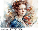 An elegant watercolor illustration of a young woman with a romantic expression, done in a classic painting style. The woman is dressed in a dress with vintage elements, her hair is neatly pulled back, and her gaze is directed to the side, creating an atmosphere of thoughtfulness. Around her are watercolor flowers - tulips, poppies, wildflowers, smoothly turning into the background. The image is permeated with soft pastel shades, conveying harmony, grace and aesthetics.Suitable for themes: vintage, romance, floral art, spring, portrait, femininity, postcards, covers, decor. Стоковое AI-изображение, AI-художник Анна Кривицкая / Фотобанк Лори