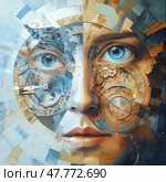 Abstract digital art depicting a human face divided into two halves: one is made in cold tones with mechanical elements, the other in warm tones, imitating the insides of a watch or a complex mechanism. The central element of the composition is the expressive blue eyes, in which dials and gears are built in, symbolizing the synthesis of man and technology, thinking and time. Ideal for topics related to artificial intelligence, futurism, technology, cyberpunk and neural networks. Стоковое AI-изображение, AI-художник Анна Кривицкая / Фотобанк Лори