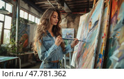 A woman is standing in front of a large canvas, focused on painting a colorful abstract artwork with a palette of paintbrushes. Стоковое AI-изображение, AI-художник Данила Большаков / Фотобанк Лори