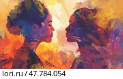 A painting featuring two individuals standing across from each other, engaged in a visual exchange. Стоковое AI-изображение, AI-художник Данила Большаков / Фотобанк Лори