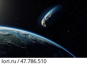 Detailed artistic representation of a comet hurtling towards Earth, depicting the celestial objects fiery tail and looming impact. Стоковое AI-изображение, AI-художник Данила Большаков / Фотобанк Лори