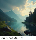 Озеро в горах. Стоковое AI-изображение, AI-художник Мария Терехова / Фотобанк Лори