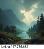 Озеро в горах. Стоковое AI-изображение, AI-художник Мария Терехова / Фотобанк Лори