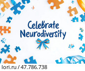Social media post mockup with the tagline "Celebrate Neurodiversity," featuring a puzzle ribbon and blue accents, symbolizing support and awareness. Стоковое AI-изображение, AI-художник Надежда Рыбальченко / Фотобанк Лори