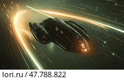 Spaceship navigating through colorful light trails in a cosmic interstellar travel. Стоковое AI-изображение, AI-художник Михаил Коханчиков / Фотобанк Лори