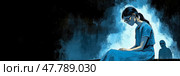 A woman in a blue dress sits quietly with her head bowed, while a mysterious shadowy figure appears behind her in a dimly lit environment. Стоковое AI-изображение, AI-художник Данила Большаков / Фотобанк Лори