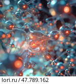 Atom with rotating electrons, energy and matter concept background. Стоковое AI-изображение, AI-художник Михаил Коханчиков / Фотобанк Лори