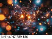 Atom with rotating electrons, energy and matter concept background. Стоковое AI-изображение, AI-художник Михаил Коханчиков / Фотобанк Лори