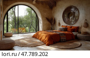 A warm bedroom features an orange bedspread, woven elements, and large windows showcasing lush greenery outside, creating a tranquil atmosphere. Стоковое AI-изображение, AI-художник Данила Большаков / Фотобанк Лори