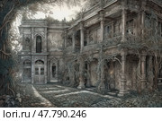 An atmospheric image of an abandoned Victorian mansion covered in thickets and vines. Detailed architecture, gothic elements and muted tones create a mystical and mysterious mood. Moss-covered columns, dark windows and dense thickets around the house evoke associations with mysterious stories, forgotten luxury and spirits of the past. Perfect for book covers, art projects, horror art and fantasy universes. Стоковое AI-изображение, AI-художник Анна Кривицкая / Фотобанк Лори