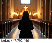 View from the back to the nun in the church, close-up. Стоковое AI-изображение, AI-художник Sergey Grishin / Фотобанк Лори