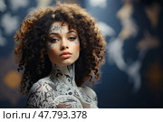 Sensual woman with elaborate tattoos adorning her face and body, showcasing intricate designs and detailed artwork. Стоковое AI-изображение, AI-художник Данила Большаков / Фотобанк Лори