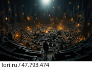 A person stands in the center of a maze constructed in a room, surrounded by walls. The individual appears to be contemplating a way out of the puzzling structure. Стоковое AI-изображение, AI-художник Данила Большаков / Фотобанк Лори