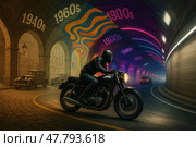 Motorcycle Racing Through Tunnel of Time and Decades. Стоковое AI-изображение, AI-художник Максим Гребешков / Фотобанк Лори