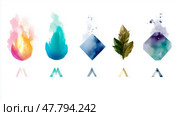 Colorful elemental symbols representing fire, water, air, earth, and spirit with modern design aesthetics on a white background. Стоковое AI-изображение, AI-художник Сергей Толмачёв / Фотобанк Лори