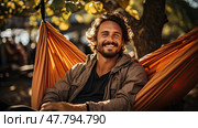 Happy mature man lying comfortably in a hammock, grinning happily. Стоковое AI-изображение, AI-художник Данила Большаков / Фотобанк Лори