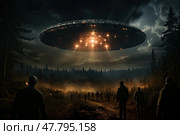 Massive unidentified flying object hovers above forest, its lights illuminating twilight as onlookers gather below. Стоковое AI-изображение, AI-художник Данила Большаков / Фотобанк Лори