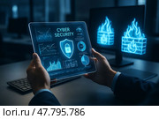 Person Holding Transparent Tablet with Holographic Cybersecurity Analytics. Стоковое AI-изображение, AI-художник Максим Гребешков / Фотобанк Лори