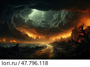 Painting depicting dark and stormy landscape with turbulent clouds, lightning strikes, and a rugged terrain. Scene evokes a sense of impending weather chaos. Стоковое AI-изображение, AI-художник Данила Большаков / Фотобанк Лори