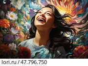 Jovial Blossoms: A Vivacious Woman Amused Amid a Deluge of Floral Splendor. Стоковое AI-изображение, AI-художник Данила Большаков / Фотобанк Лори
