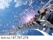 Thrilling roller coaster ride with colorful confetti in the sky at an amusement park during a sunny day. Стоковое AI-изображение, AI-художник Сергей Толмачёв / Фотобанк Лори