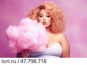 Plus size fashion model with creative makeup and hairstyle enjoying cotton candy against a pink background. Стоковое AI-изображение, AI-художник Станислав Тарко / Фотобанк Лори