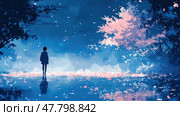 A person gazes at a peaceful lake reflecting starlight and pink flowers, creating a serene atmosphere during the night. Стоковое AI-изображение, AI-художник Данила Большаков / Фотобанк Лори