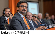 A well-dressed speaker engages the audience at a corporate conference, showcasing leadership and enthusiasm in a vibrant atmosphere. Стоковое AI-изображение, AI-художник Данила Большаков / Фотобанк Лори