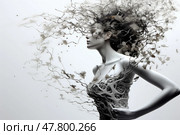 Artistic portrayal of a woman with her hair transforming into smoke and body featuring intricate designs, evoking a sense of fantasy. Стоковое AI-изображение, AI-художник Данила Большаков / Фотобанк Лори