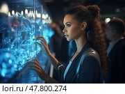 Keen woman is standing in store, carefully examining the items displayed behind glass. She appears focused and interested in the merchandise. Стоковое AI-изображение, AI-художник Данила Большаков / Фотобанк Лори