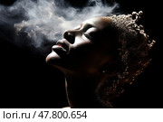 Charming woman exhaling smoke from her mouth and nose, creating a surreal and intriguing visual effect. Стоковое AI-изображение, AI-художник Данила Большаков / Фотобанк Лори