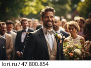 Happy man dressed in a tuxedo is standing in front of a group of people, possibly giving a speech or presentation at a formal event. Стоковое AI-изображение, AI-художник Данила Большаков / Фотобанк Лори