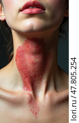 Healing Neck Scar Post-Thyroid Surgery; Textured and Colorful, Symbolizing Calmness, Resilience, and Medical Care. Стоковое AI-изображение, AI-художник Sergey Grishin / Фотобанк Лори