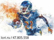 A skilled football player sprints across the field, evading opponents while carrying the ball in a colorful, energetic composition. Стоковое AI-изображение, AI-художник Данила Большаков / Фотобанк Лори