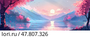 A stunning lakeside scene showcases cherry blossoms shedding petals, bathed in vibrant sunset light over distant mountains. Стоковое AI-изображение, AI-художник Данила Большаков / Фотобанк Лори