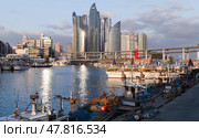 A vibrant harbor scene featuring fishing boats. Busan (2018 год). Редакционное фото, фотограф EugeneSergeev / Фотобанк Лори