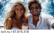 A joyful couple relaxes on a boat, holding drinks and smiling brightly as they soak up the sun on a beautiful day at sea. Стоковое AI-изображение, AI-художник Данила Большаков / Фотобанк Лори