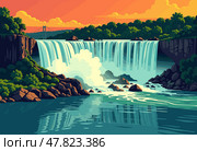 Vibrant Digital Illustration of Niagara Falls at Sunset. Стоковое AI-изображение, AI-художник Максим Гребешков / Фотобанк Лори