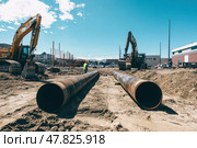 Digging, laying water pipes underground. Outdoors Building Construction Site. Work for replacement of engineering pipes. Workers installing, replacing sewer pipe. Installation of plumbing, sanitation. Стоковое AI-изображение, AI-художник Марина Демидюк / Фотобанк Лори