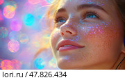 A young woman with freckles smiles dreamily while glitter reflects sunlight, creating a vibrant atmosphere filled with colorful bokeh effects. Стоковое AI-изображение, AI-художник Данила Большаков / Фотобанк Лори